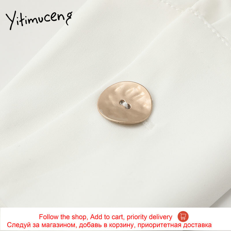 Yitimuceng blusa branca feminina manga longa decoração de metal botão para cima camisas em linha reta 2021 primavera nova moda gola de inclinação topos