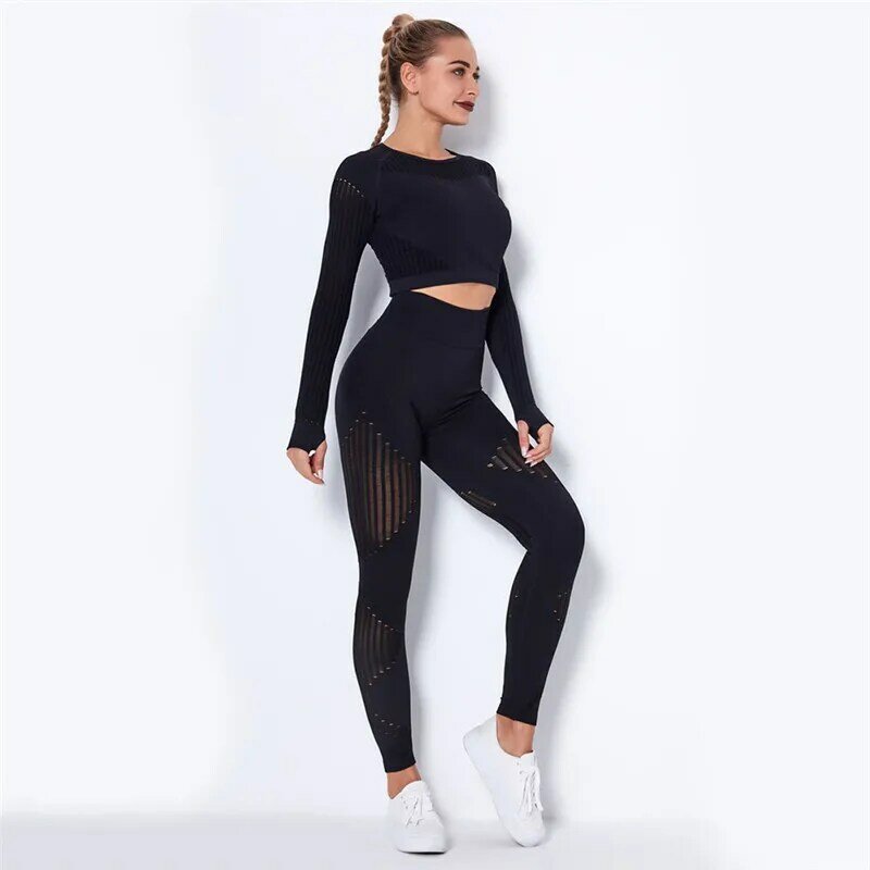 Conjunto de yoga 2021 novas mulheres 2 pçs sem costura esporte terno gymwear treino roupas manga longa ginásio colheita superior cintura alta leggings fitness