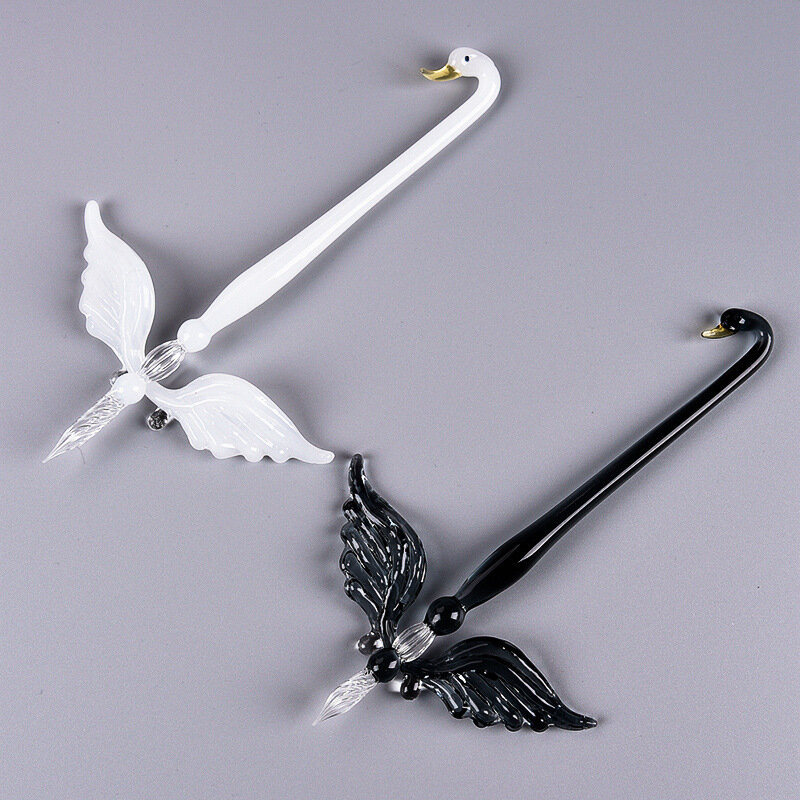 Creative Swan ปากกาแก้ว Handmade ชุด Angel ปีก Penholder ประดิษฐ์ปากกาลายเซ็นของขวัญคู่น่ารักบรรจุหมึก