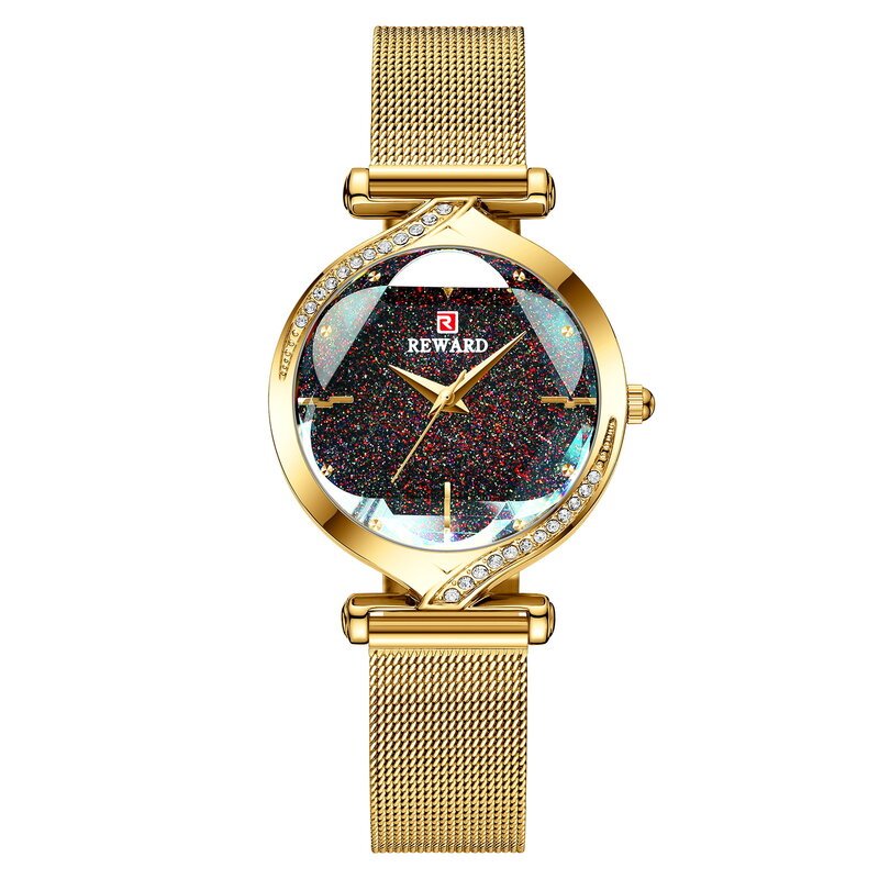สุภาพสตรี Starry Sky นาฬิกาเพชรหรูหราควอตซ์นาฬิกาข้อมือทองสแตนเลสสตีลตาข่ายเข็มขัด Rhinestone นาฬิกา Moda...