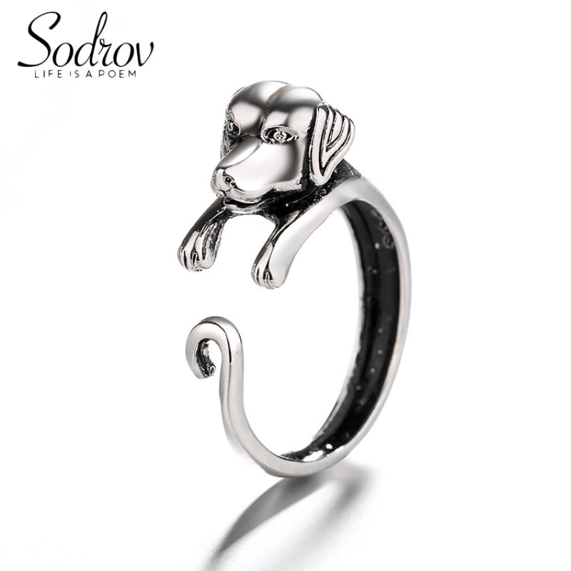 SODROV Vintage Animal Dog Head Ring Silver Thai Silver Black Color Ring Resizable Rings