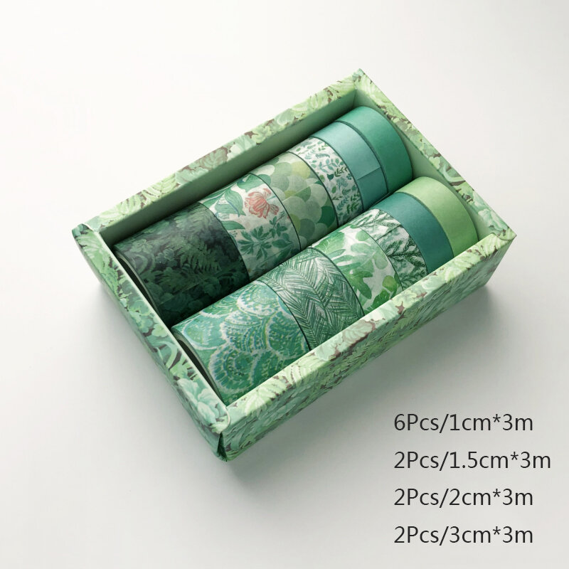 Kit 12 rubans Washi, imprimé plante verte, adhésifs, autocollants, couleur unie, décoratif, pour Scrapbooking, fournitures de papeterie, pour journal intime