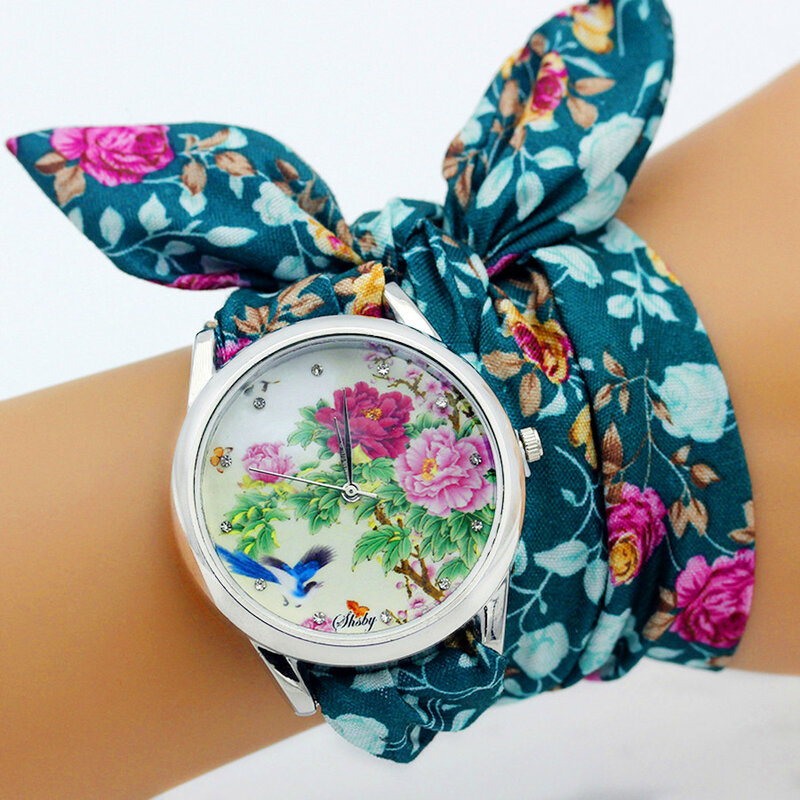 Shsby relógio de pulso com pulseira de tecido e flores, relógio feminino formal, tecido de alta qualidade, pulseira adorável para meninas