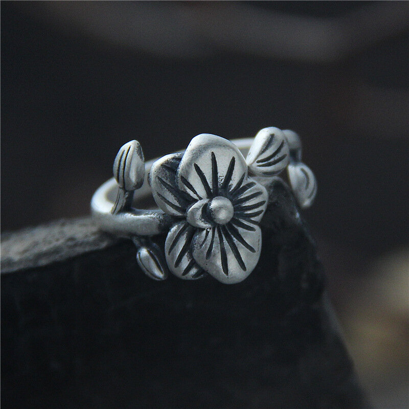 Anillo de plata de primera ley con forma de flor de ciruelo para madre, sortija, plata esterlina 999, estilo nacional, MeiBaPJ
