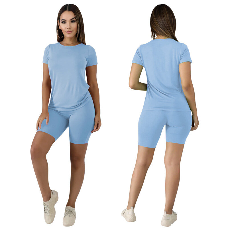 2021 Obral Besar Pakaian Wanita Warna Solid Kaus dan Celana Pendek Klasik Wanita Harian Kasual Olahraga Fashion Set 2 Potong