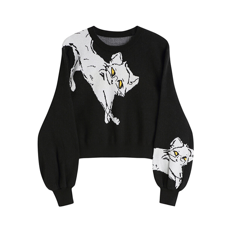 2021 여성용 점퍼 스웨터 오크 넥 가을 겨울 동물 프린트 캐주얼 루즈 롱 슬리브 패션 고양이 니트 짧은 스웨터 탑스
