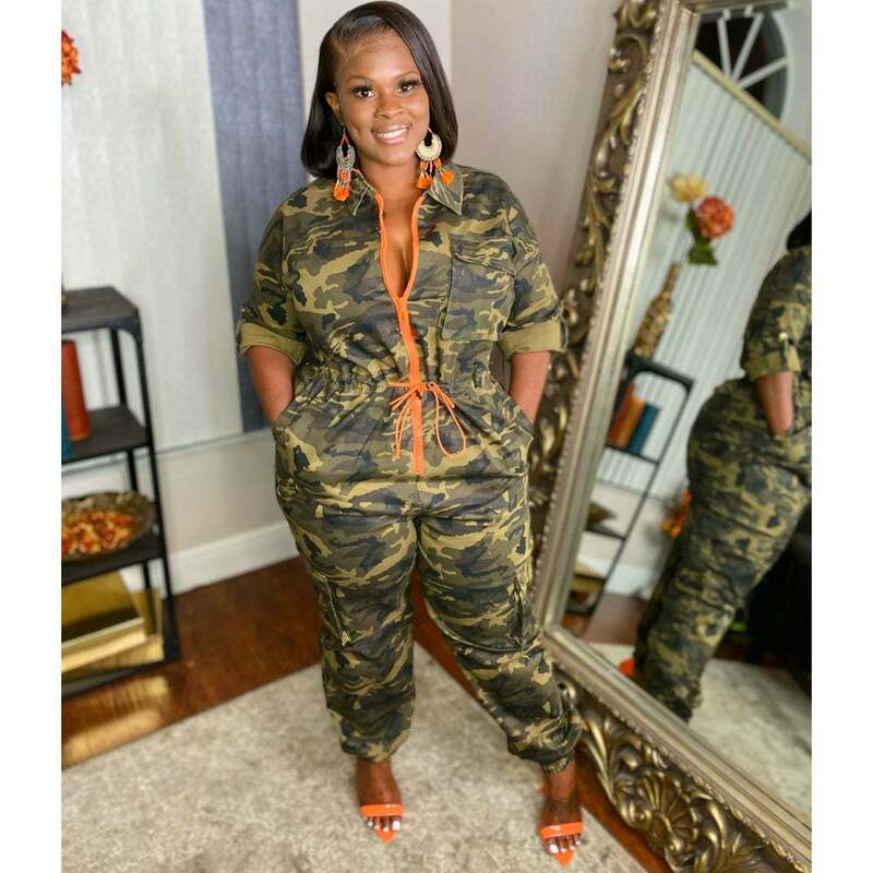 Camouflage Overall Frauen Sutumn Zipper Lange Enge Taille Cargo Hosen Overalls Halben Hülse Drehen Unten Kragen Strampler Streetwear