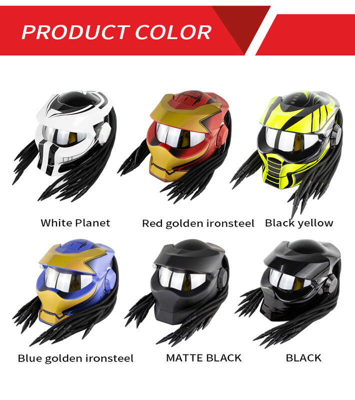 Capacete predator retrô de motocicleta, rosto inteiro, homem de ferro, elmo dot, certificação de segurança, preto colorido