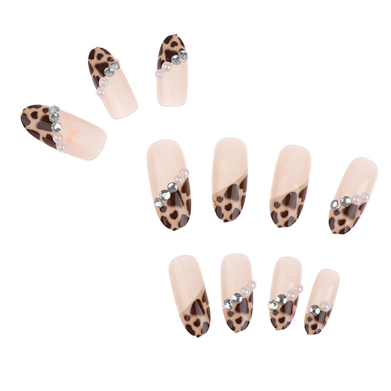 24X Leopard Pearl French Nails Art Tips Fake Nail Press On Full Cover Artificial