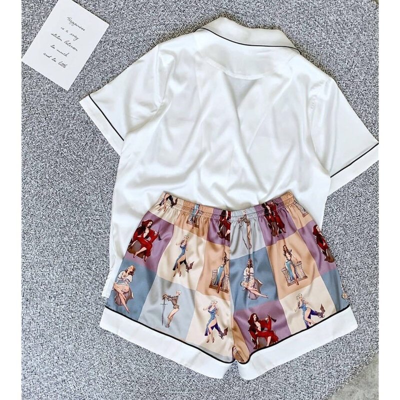 HOUZHOU Pajamas Women's Home Clothes Summer Suits with Shorts Plus Size Sleepwear Ensemble Pyjama Femme Two Piece Lounge Wear
