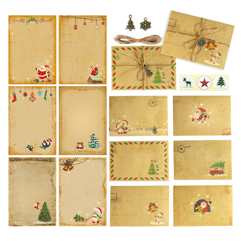 6Sets Christmas Kraft Letter Pad Envelope Retro Santa Claus Letter Paper Xmas Party Invitation Gift Envelope with Accessories