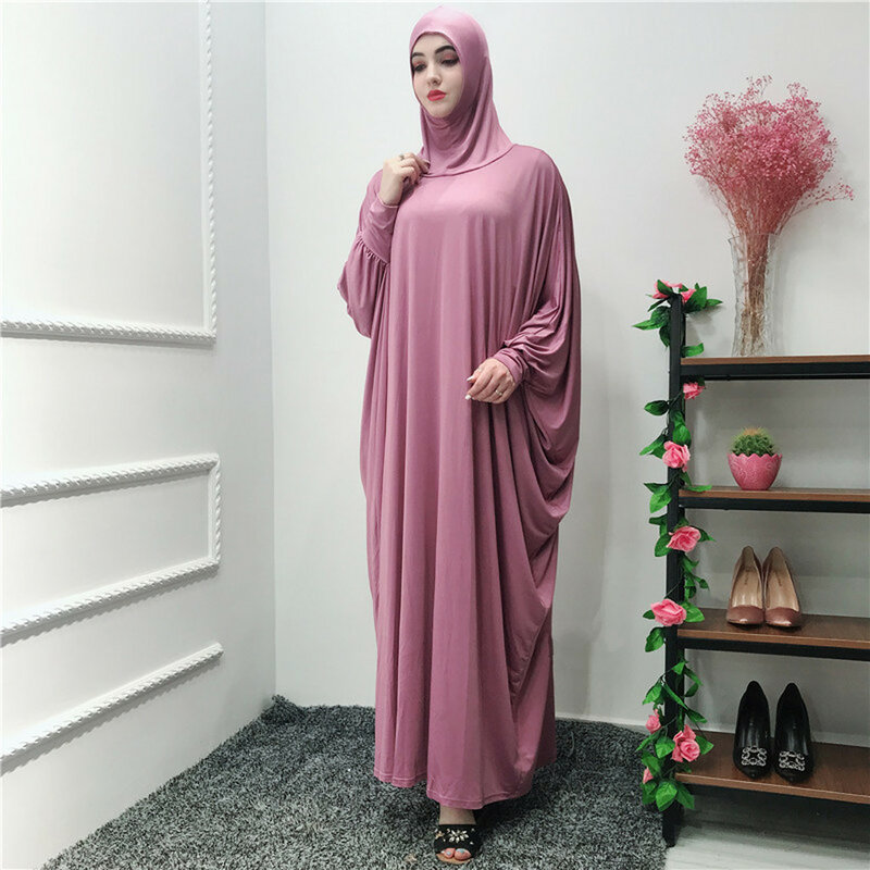 2021イスラム教徒ドレス女性ファム無地ヘッドギアモスクバットスリーブローブカーディガンラマダンロングマキシドレス