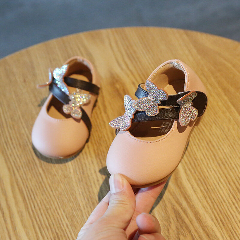 Chaussures de princesse en cuir à paillettes et papillon pour bébé fille, semelle souple