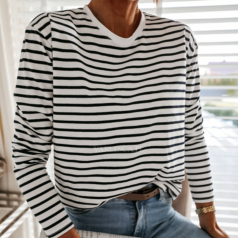 Camiseta informal a rayas blancas y negras para mujer, Jersey holgado de manga larga con cuello redondo, camisa coreana a la moda, 2021