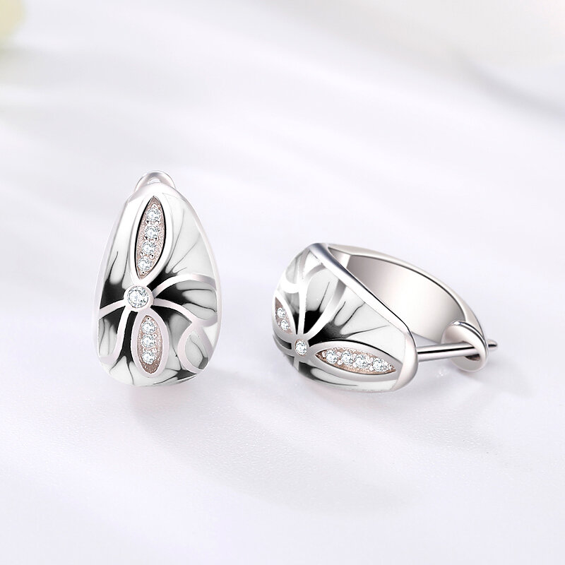 Fashion 925 Silver Chinese style black and white ink painting Flowers CZ Handmade Enamel Earrings for Women Original Jewelry