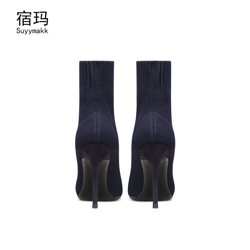 Botas de tacón alto para mujer, medias elásticas de tela con puntera puntiaguda, zapatos sexys de aguja, botas cortas a la moda de 6/8cm, 2021