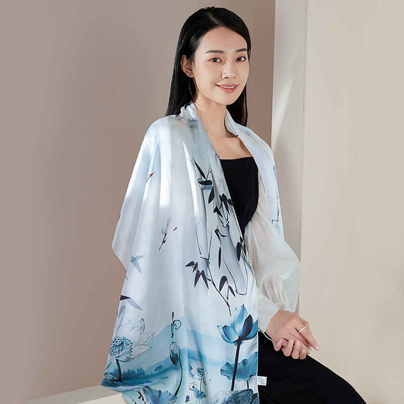 100% Natural Silk Chinese Painting Style Long Scarf Women Pure Silk Wraps Shawl Neckerchief 170*53cm Luxury Silk Bufanda Foulard