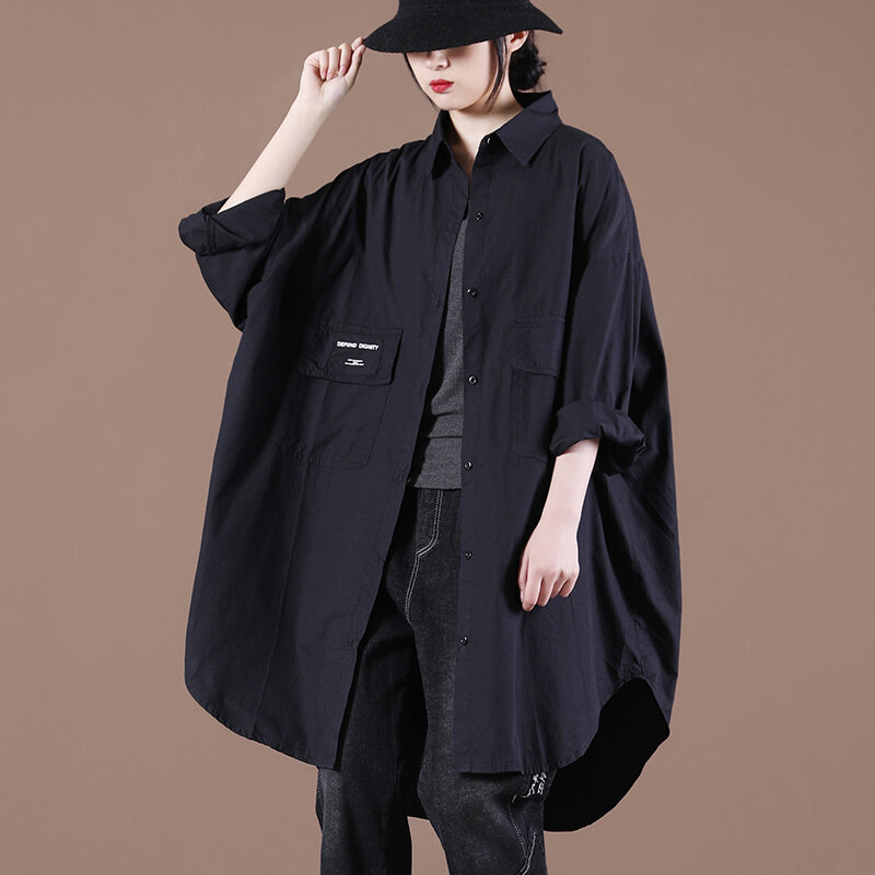 Spring 2021 new Korean loose large-size literary double pockets long shirt  Turn-down Collar  Long  High Street  plus size