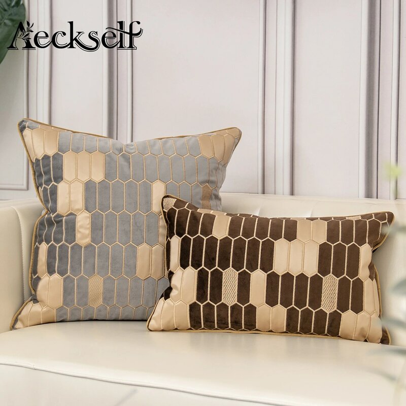 Aeck-ネイビーブルー,ブラウン,グレーの刺繍入りモダンレザー枕カバー,ホームデコレーション