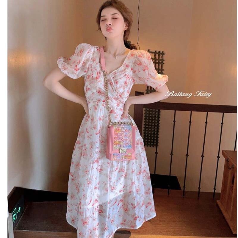 2021 Zomer Nieuwe Een Stuk Koreaanse Elegante Korte Mouw Jurk Vrouwen Vintage Bloemen Dresign Party Midi Dress Vrouwtjes Avondjurk