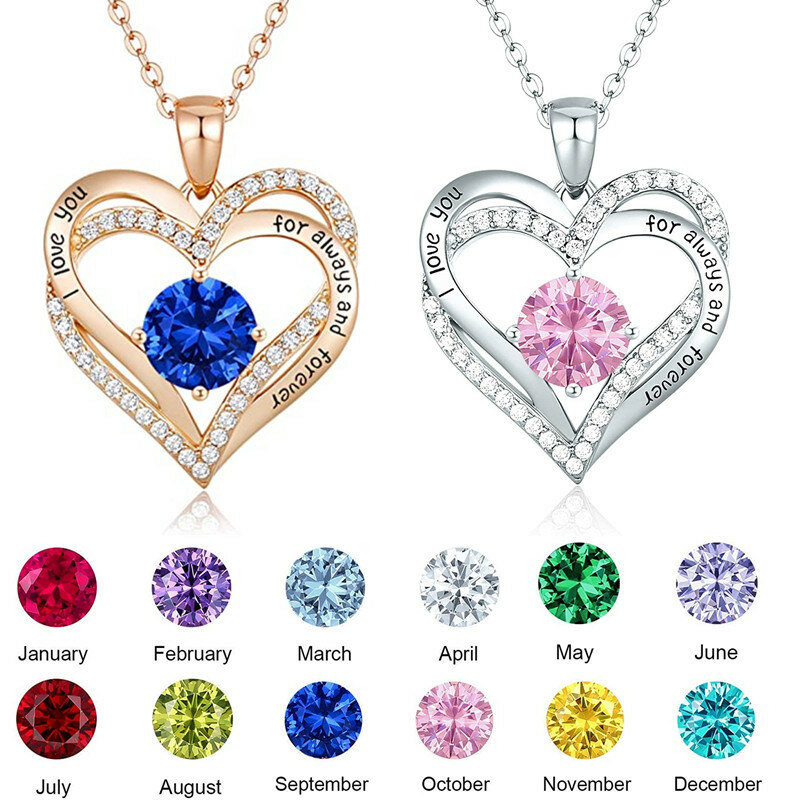 Stainless Steel  Birthstone Pendant Heart Necklace For Women Customized Crystal Chain Choker Jewelry