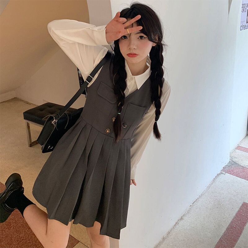 2022 Lente Nieuwe Vrouwen Japanse Stijl Witte Blouse En Geplooide Jurk 2 Stuks Set Vrouwelijke College Stijl Outfits