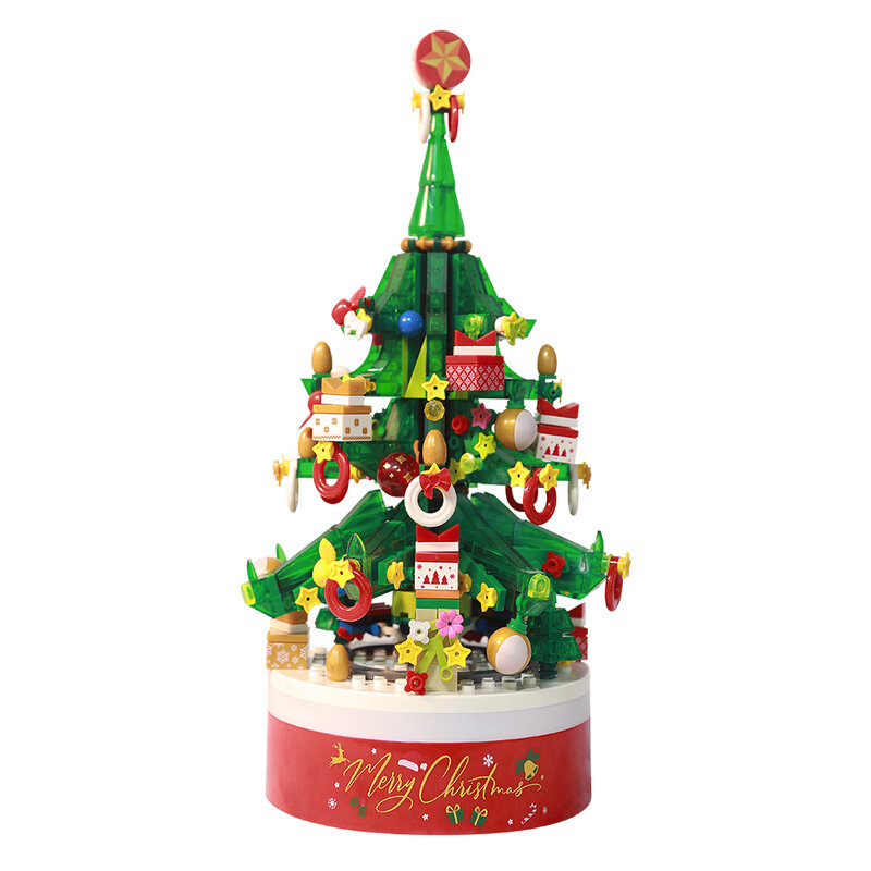 626ピースのクリスマスツリースノーマンミュージックボックス,ビルディングブロック,都市のクリスマスデコレーション,レンガのおもちゃ,常夜灯,子供向けギフト