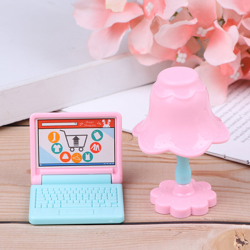 1Set Lampu Rumah Boneka Lucu + Mainan Furnitur Miniatur Komputer Alat Peraga Permainan Peran Boneka Meja Kerja Aksesori Boneka
