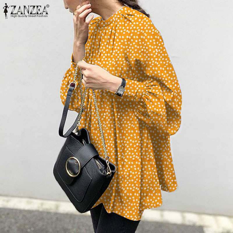 Stylish Printed Shirts Women's Floral Blouse ZANZEA Casual Puff Sleeve Blusas Female Pleated Back Button Tunic  Tops