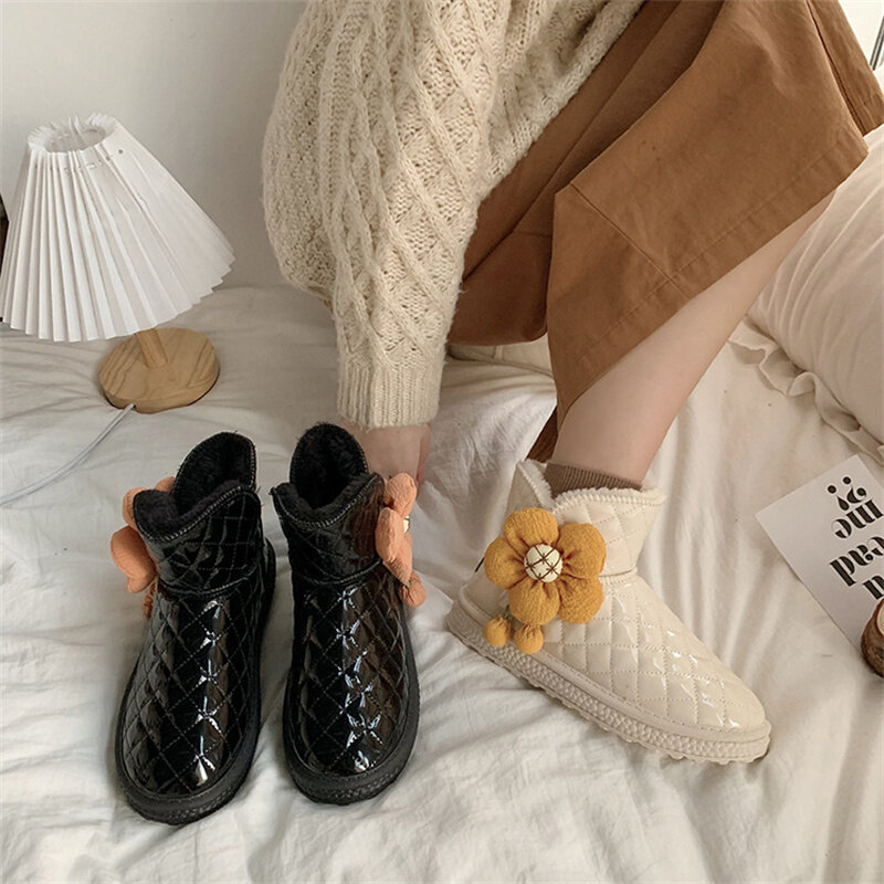 Black Fur Solid Snow Boot for Women Ankle Shallow Cotton Shoes Plush Winter Keep Warm Boot for Women 2021 Warm EVA Boots