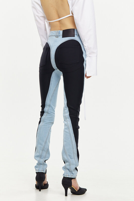 2023 Spring New Stretch Jeans Line Sense Personality Contrast Color Stitching  Washed Light-Colored Street Trousers
