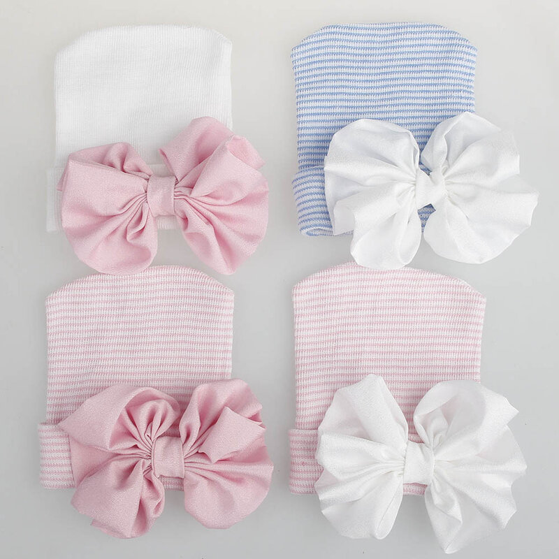 Big Bows Hospital Chiffon Newborn Hats Knitted Soft New Born Nursing Beanie Hat Photo Props Newborn Accessories for 0-6M Girls