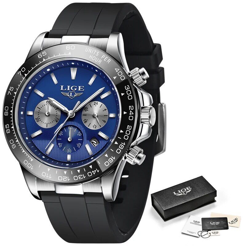 LIGE 새로운 다기능 시계 남성 럭셔리 브랜드 블랙 실리콘 남성 시계 패션 방수 스포츠 석영 날짜 크로노 그래프 2021