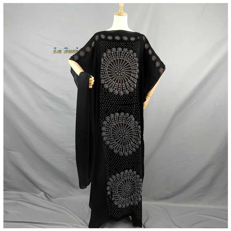 أحدث الفساتين الأفريقية للمرأة عباية دبي الخرز الأحجار الشاش رداء طويل الملابس القطنية الأفريقية الإسلامية حجم كبير LD426