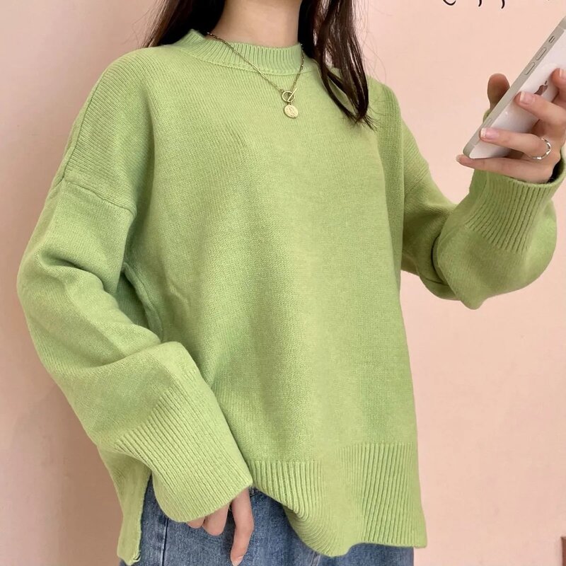 Women's knitted round neck sweater autumn and winter casual basic solid color pullover bottom loose long sleeves
