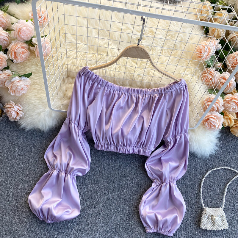 Sexy Slash Neck Blouse Women Spring Puff Sleeve Elastic Ruched Tops Korean Solid Short Blouses Ins Style