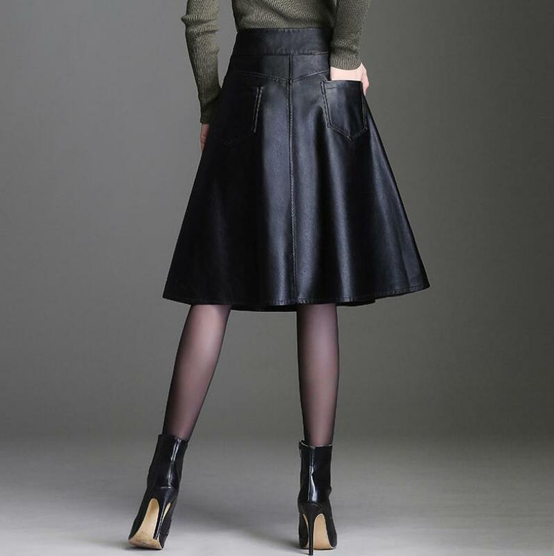 Saia de couro de bolso de cintura alta feminina elegang escritório senhora a-line saias de couro do plutônio primavera moda feminina preto saias m/4xl k1362