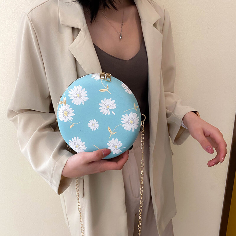 Mini borsa rotonda piccola donna 2020 borse a tracolla a tracolla a catena di nuova moda borsa a tracolla in pelle PU con stampa a margherita borsa da donna