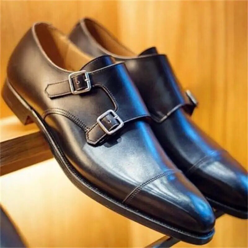 New Men Fashion Trend Classic All-match Dress Shoes Handmade Black PU Three-stage Retro Double Buckle Daily Monk Shoes 3KC662