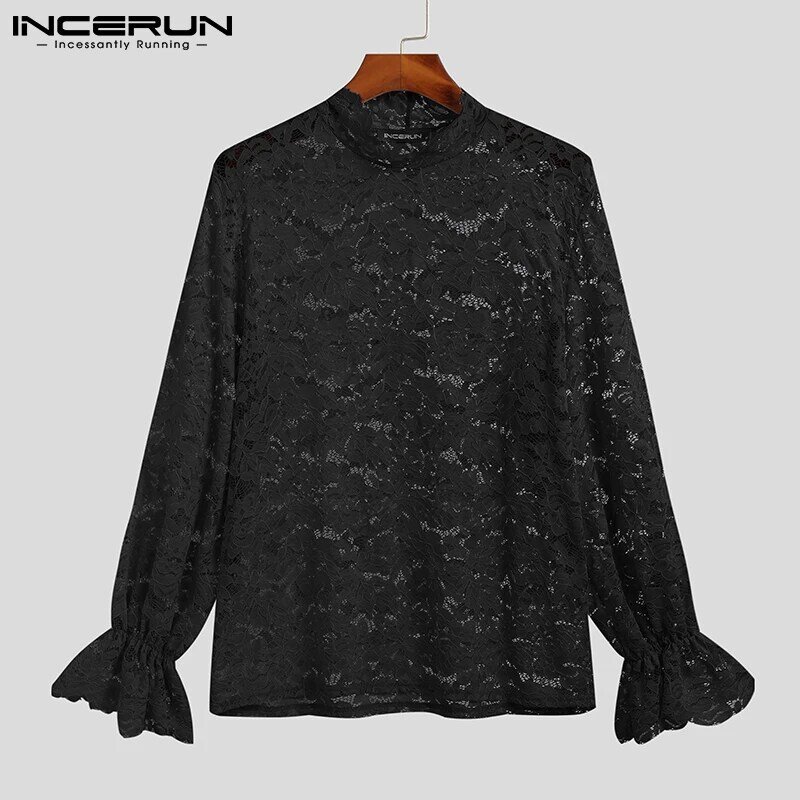 INCERUN Tops 2021 Fashionable Men's Sexy Leisure Camiseta Printing Lace Long-sleeved T-shirts Stylish Party Nightclub Tees S-5XL