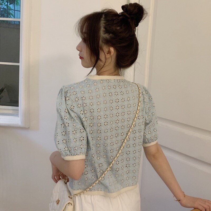 Женская рубашка с короткими рукавами, Элегантная короткая рубашка в французском ретро-стиле с пышными рукавами, лето 2021