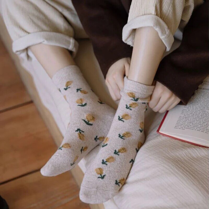 Flower Socks Lolita Soft Girl Winter Warm Cotton Wool Sokken Beautiful Kawaii Boots Sock For Women Gold Yellow Christmas Gift