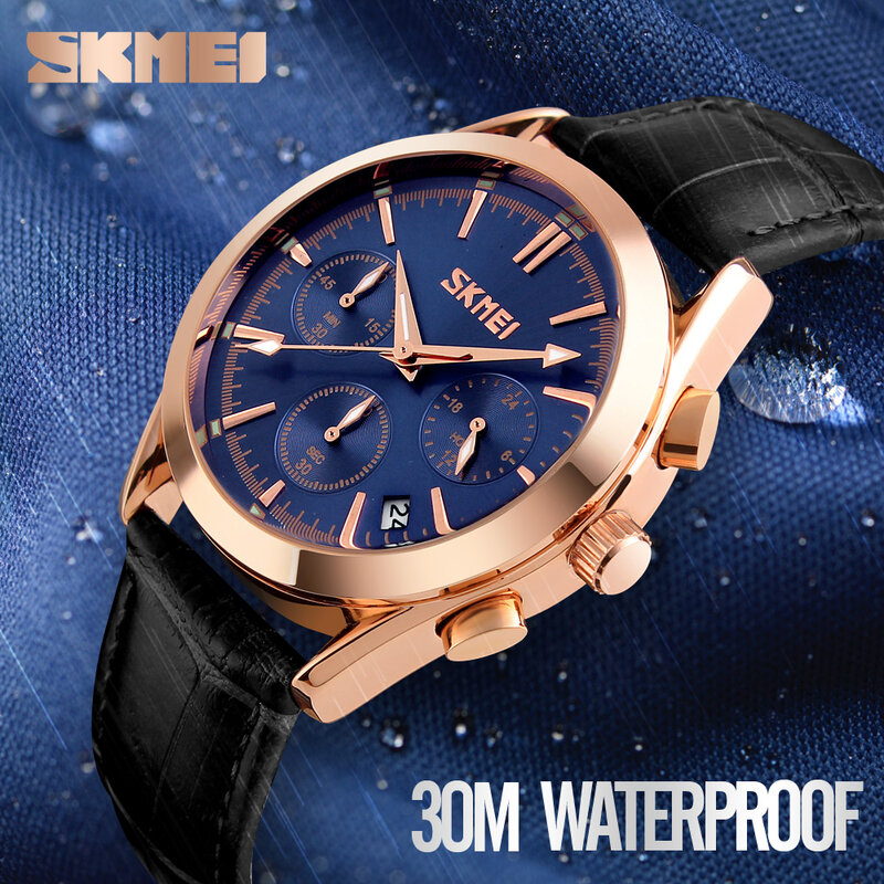 Skmei relógio de pulso de couro masculino, relógio fashion casual de quartzo para homens 30m, resistente à água, calendário completo, pulseira de couro de luxo 9127