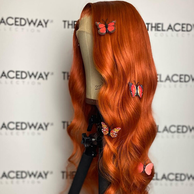 Perruque Body Wave Lace Front Wig 26 pouces – Babyhair, perruque synthétique avec raie centrale Orange gingembre pour femmes noires, cheveux longs pre-plucked résistants à la chaleur