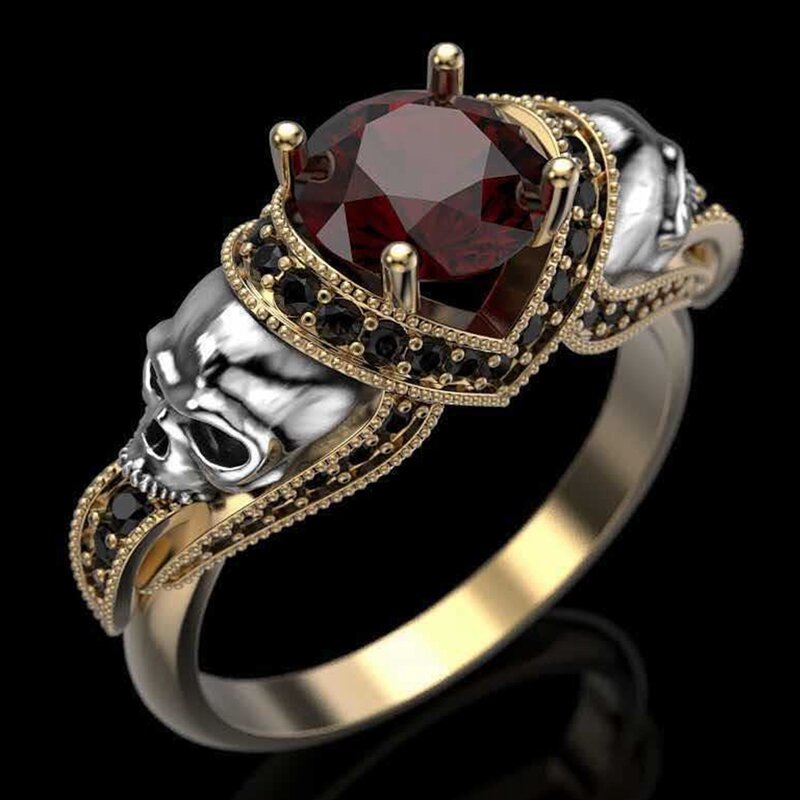 Punk New Fashion Stereo Carved Two-Color Skull Ruby Ring Men's Alloy Hand Jewelry Gift
