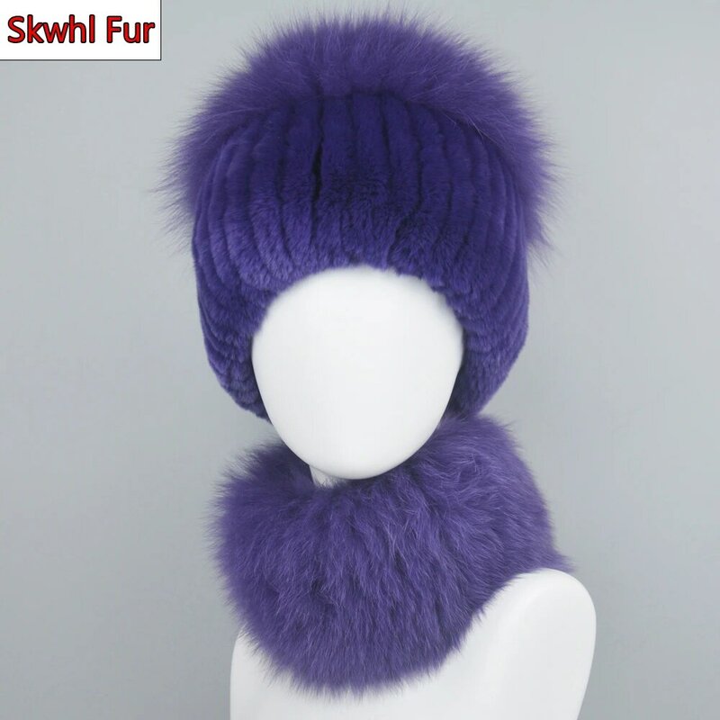 ホット販売冬の屋外ブランド女性リアルレックスウサギの毛皮のスカーフ帽子暖かい本物のキツネの毛皮キャップリングショールナチュラルキツネの毛皮のスカーフ帽子