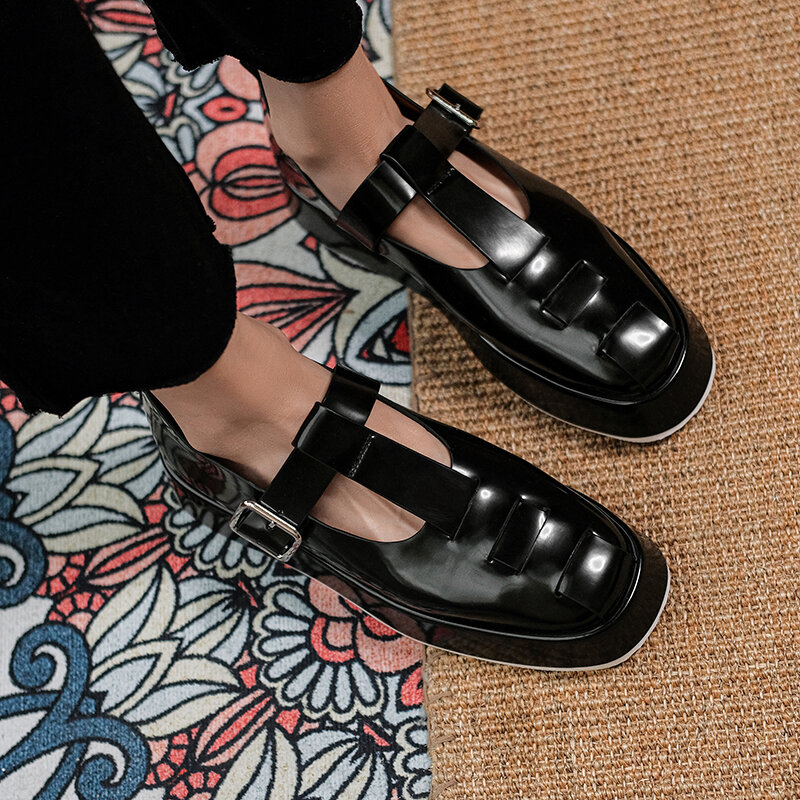 Zapatos de tacón alto de piel auténtica con suela gruesa para mujer, calzado de tacón alto de Superdtar con tiras de hebilla de punta cuadrada, para primavera y verano, 2021