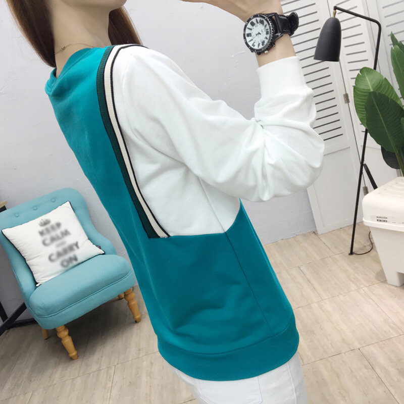 Camiseta informal de algodón con cuello redondo para Mujer, camisetas de manga larga para Mujer, camisetas de estilo coreano para Mujer, ropa de Mujer 2021
