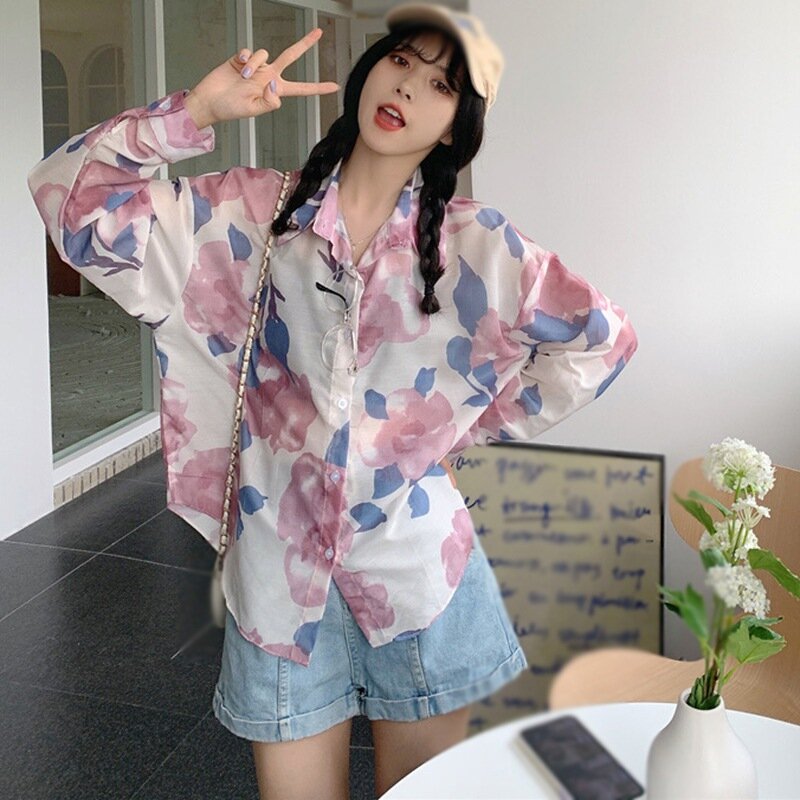 여성 빈티지 플로랄 프린트 탑스 패션 쉬폰 셔츠 여름 블라우스 한국 긴 소매 달콤한 러블리 선스크린 셔츠