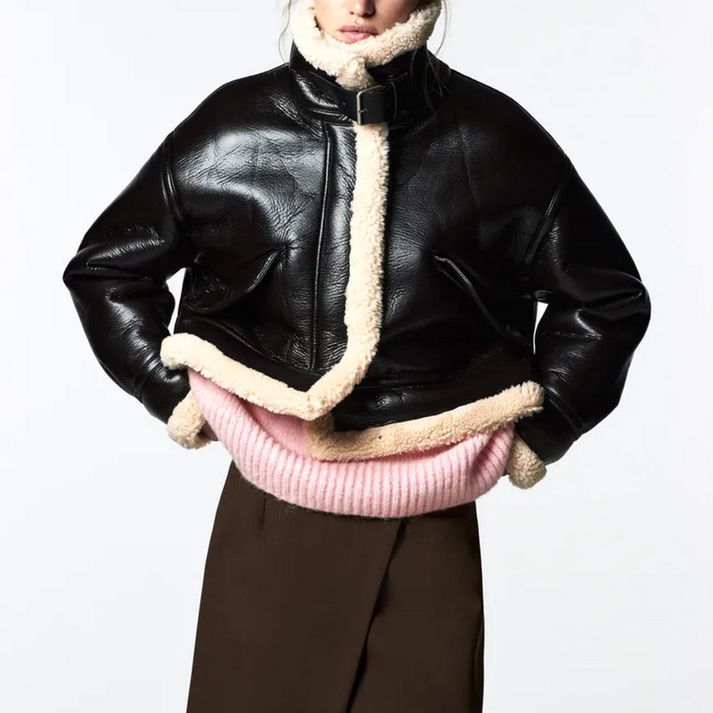 Frauen jacke 2021 Herbst Mode Fleece nachahmung leder Jacke Mantel Vintage Lange Hülse Weibliche Oberbekleidung Chic Tops
